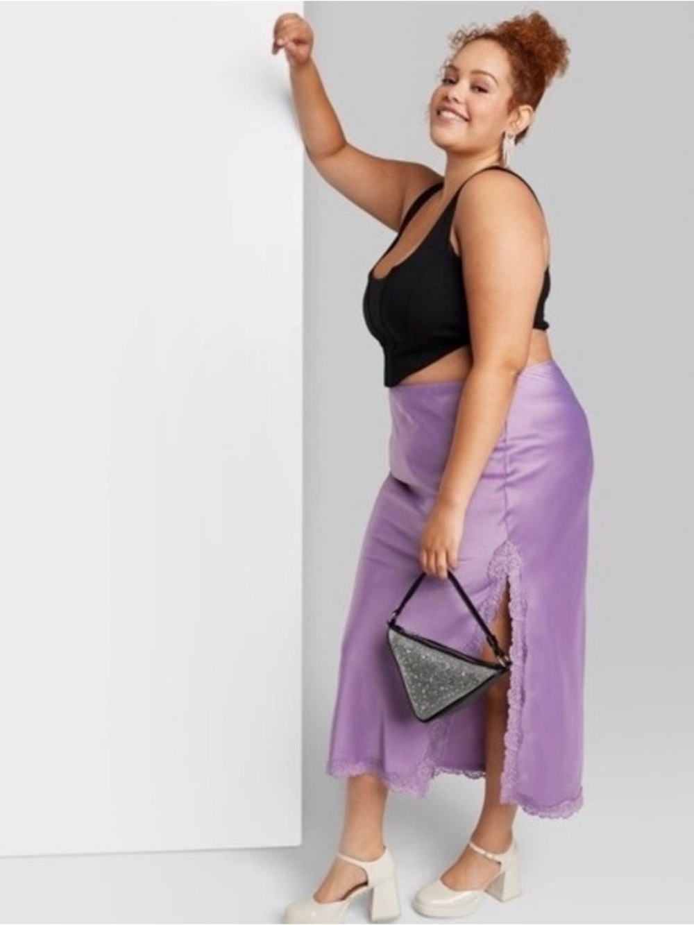 NWT Wild Fable Plus Size Lavender Lace-Trim Midi Skirt, size 2XL pull on slit